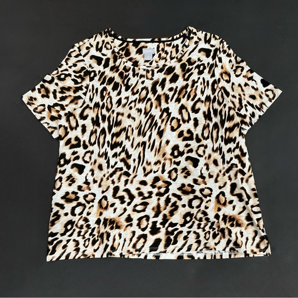 Chicos 2P Short Sleeve Top US Womens Petite L LP Cheetah Animal Print T Shirt - Picture 1 of 5